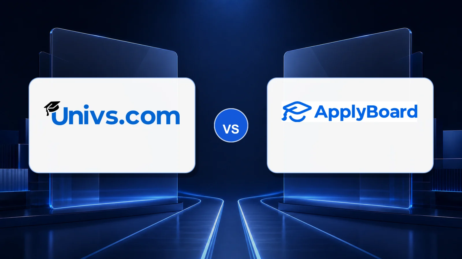 Univs.com logo versus the ApplyBoard logo on a dark blue comparison background