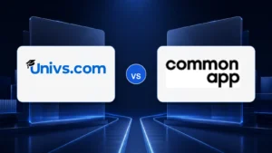 Univs.com logo versus the Common App logo on a dark blue comparison background
