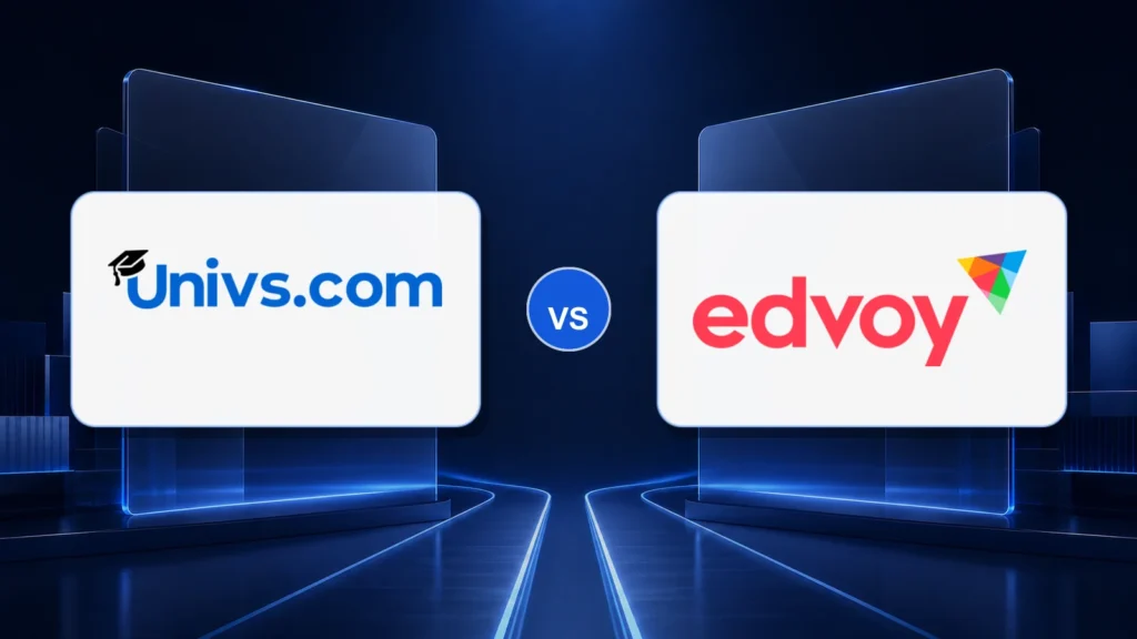 Univs.com logo versus the Edvoy logo on a dark blue comparison background