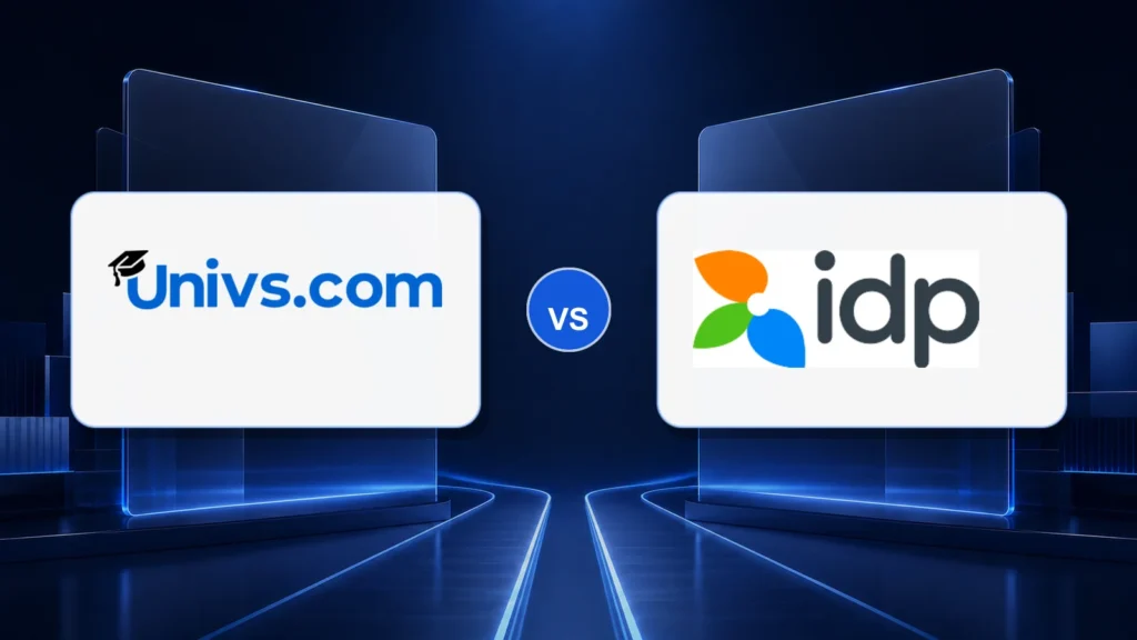 Univs.com logo versus the IDP Education logo on a dark blue comparison background