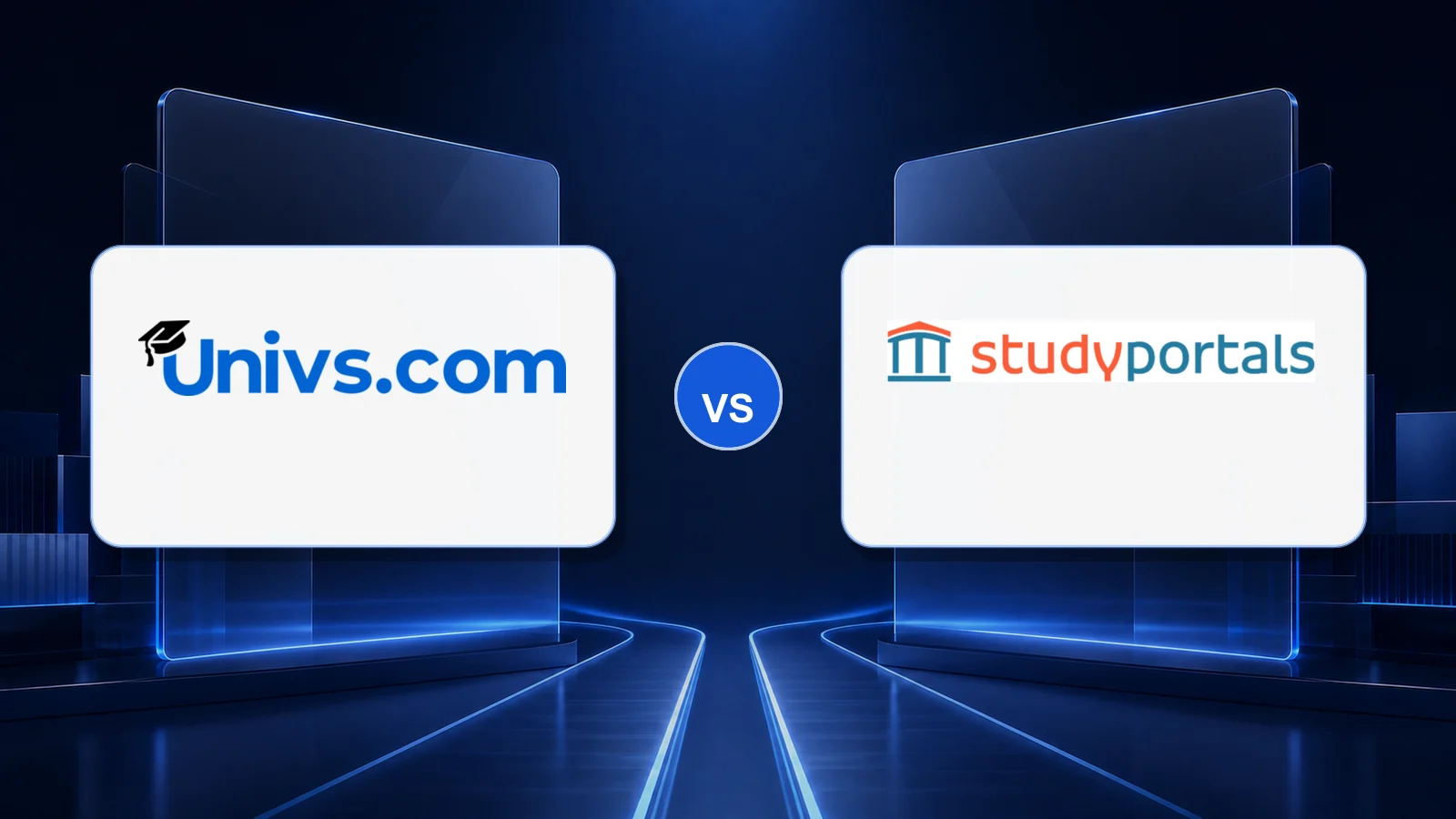 Univs.com logo versus the Studyportals logo on a dark blue comparison background