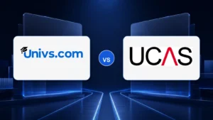 Univs.com logo versus the UCAS logo on a dark blue comparison background
