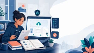 Editorial illustration of a student checking application documents before an authenticated portal upload