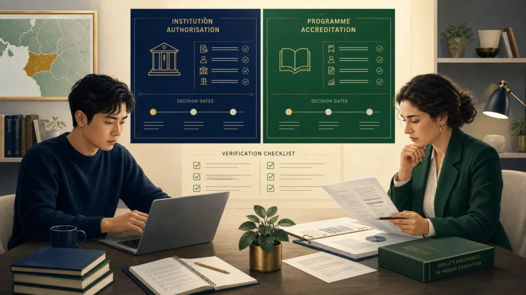 Editorial illustration of a student and quality specialist checking separate institution authorisation and programme accreditation records