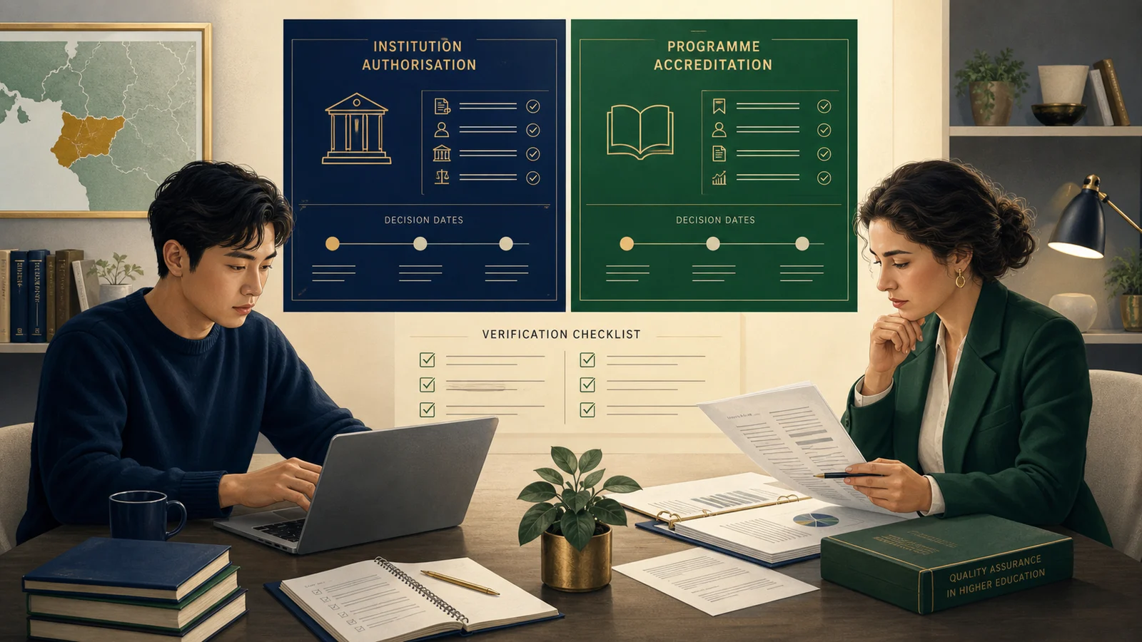 Editorial illustration of a student and quality specialist checking separate institution authorisation and programme accreditation records