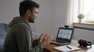 Realistic editorial photograph of an international graduate testing a laptop setup before a virtual interview