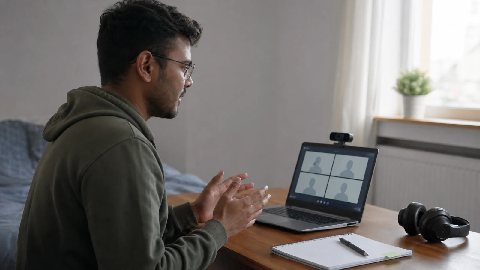 Realistic editorial photograph of an international graduate testing a laptop setup before a virtual interview