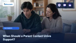 Realistic editorial photograph of a fictional parent helping an adult student prepare a concise support question beside a laptop and blank checklist with the exact Univs brand mark and an audience-specific editorial icon panel.