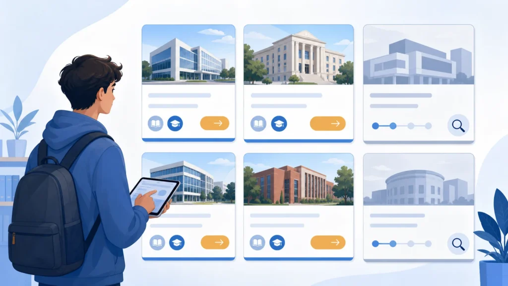 Editorial illustration of a student comparing complete and information-pending institute profiles in a university directory