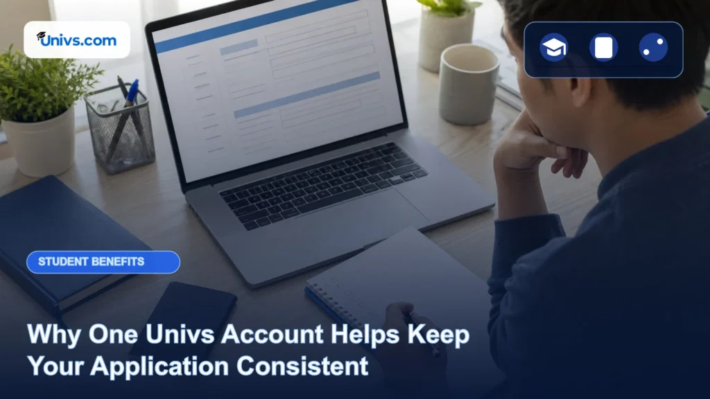 Realistic editorial photograph of a fictional student checking consistent application details beside a laptop and blank checklist with the exact Univs brand mark and an audience-specific editorial icon panel.
