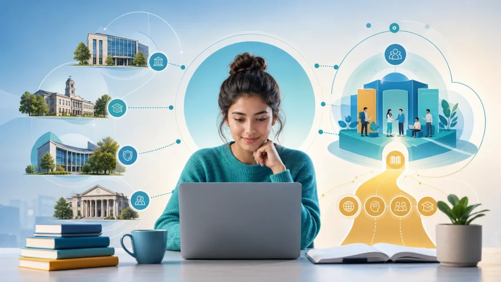 Editorial illustration of a student comparing university options through an institution-supported digital platform
