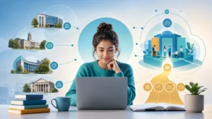 Editorial illustration of a student comparing university options through an institution-supported digital platform