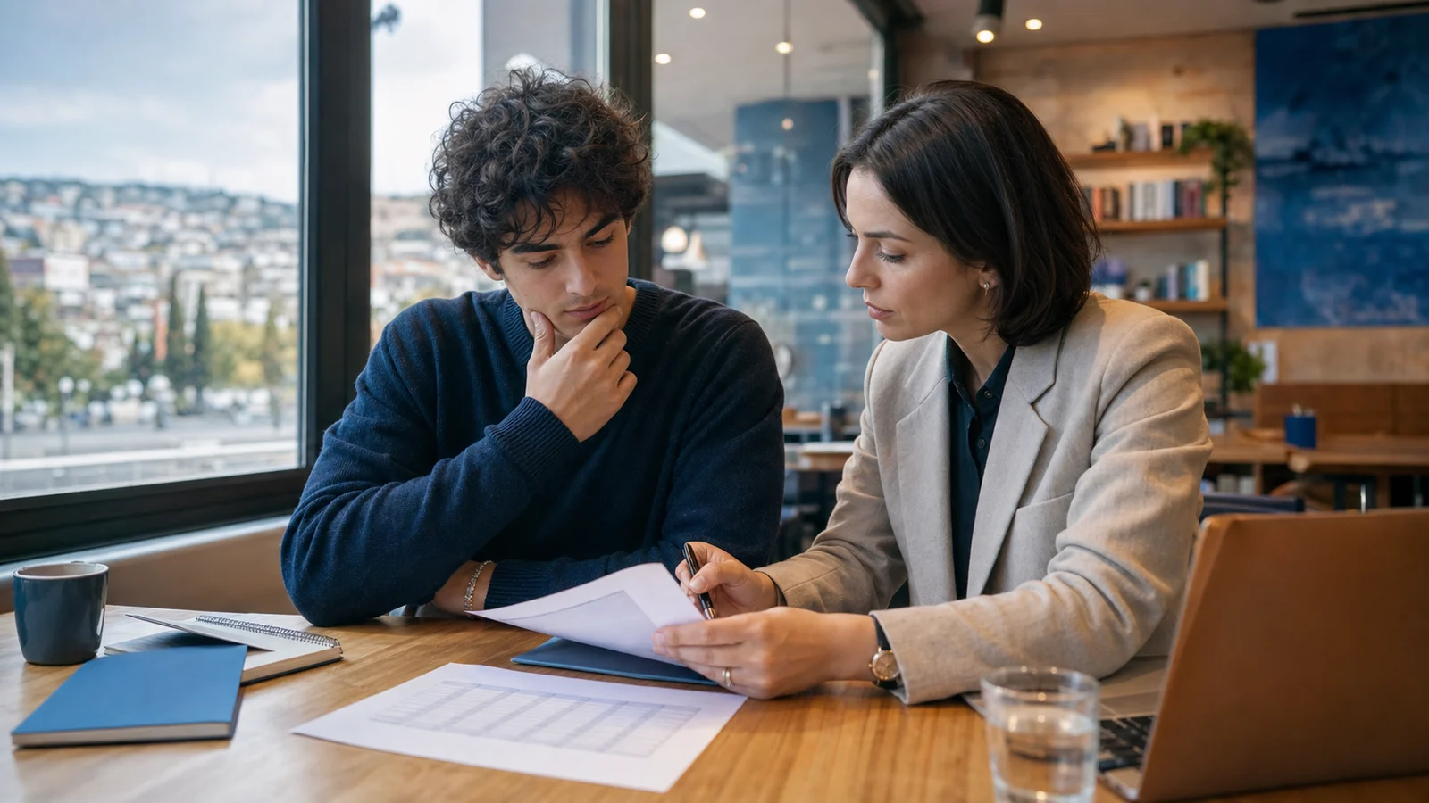 Realistic editorial image of an international student discussing a part-time job contract and weekly study timetable with an adviser