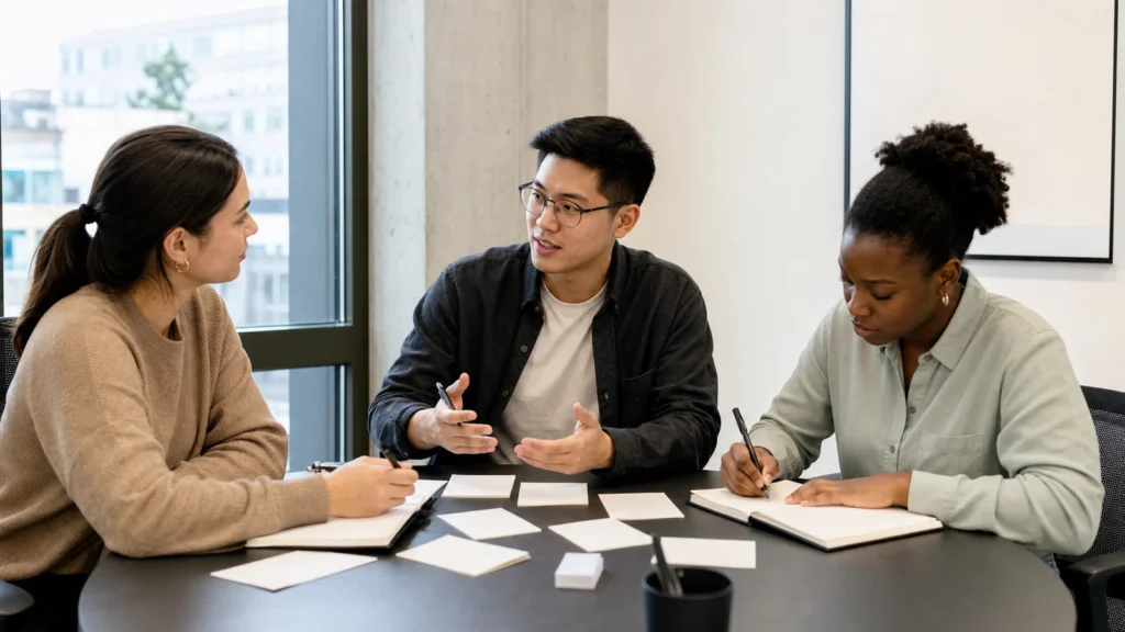 Realistic editorial photograph of diverse new graduate colleagues discussing a project in a professional workplace