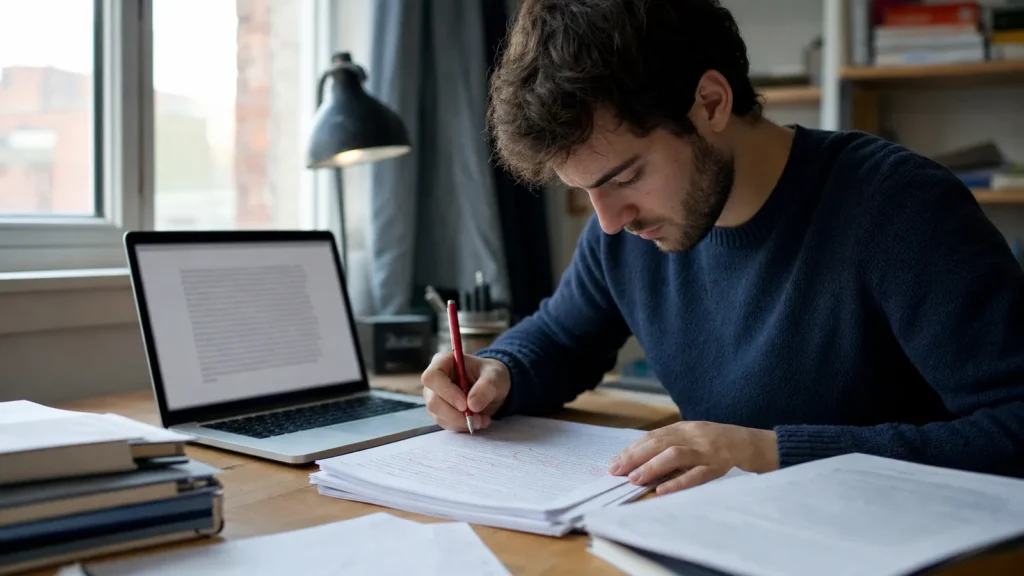 Realistic editorial photograph of a postgraduate student editing a concise academic abstract beside a completed research paper