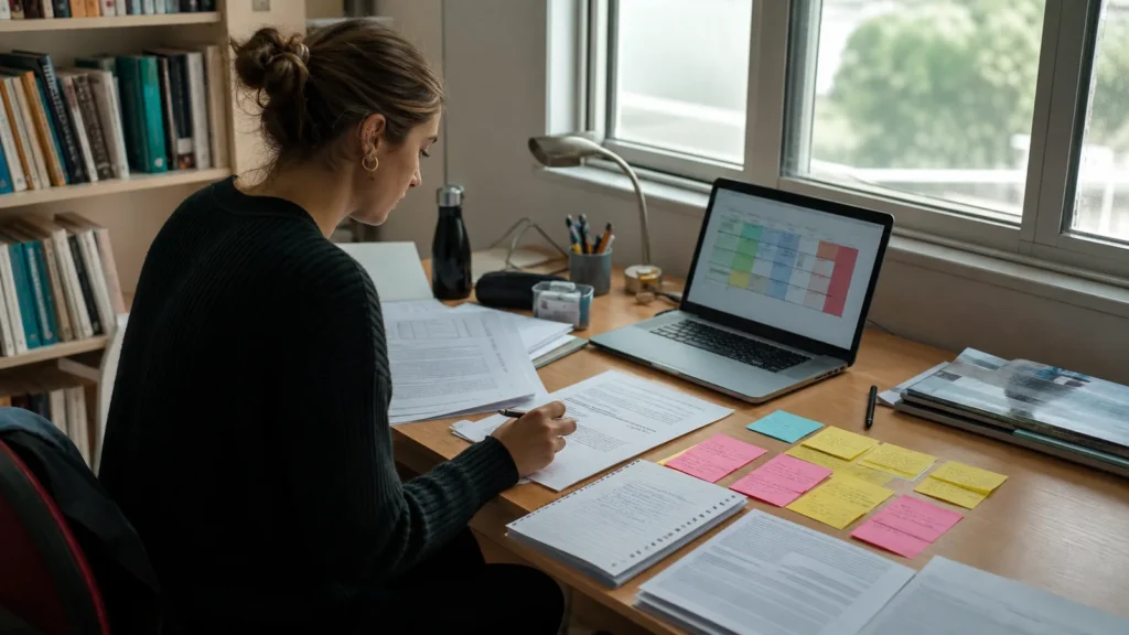 Realistic editorial photograph of a postgraduate student organising journal articles and a literature review matrix