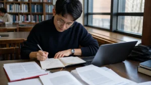 Realistic editorial photograph of an international postgraduate student mapping a research methodology chapter with notes and diagrams