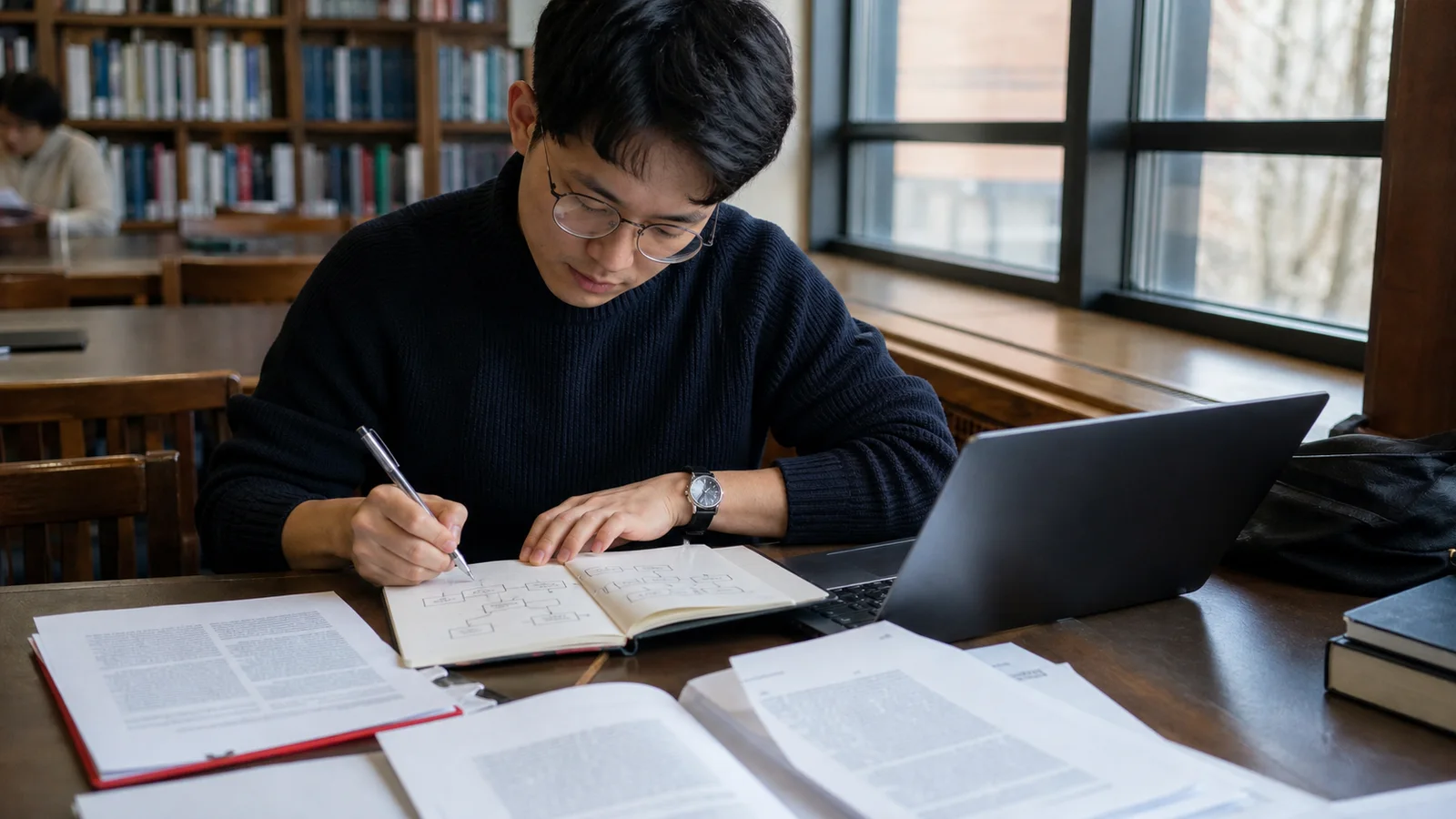 Realistic editorial photograph of an international postgraduate student mapping a research methodology chapter with notes and diagrams