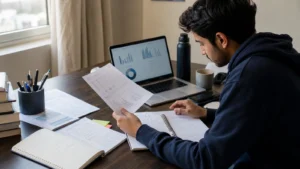 Realistic editorial photograph of an international postgraduate student comparing research results with discussion notes and charts
