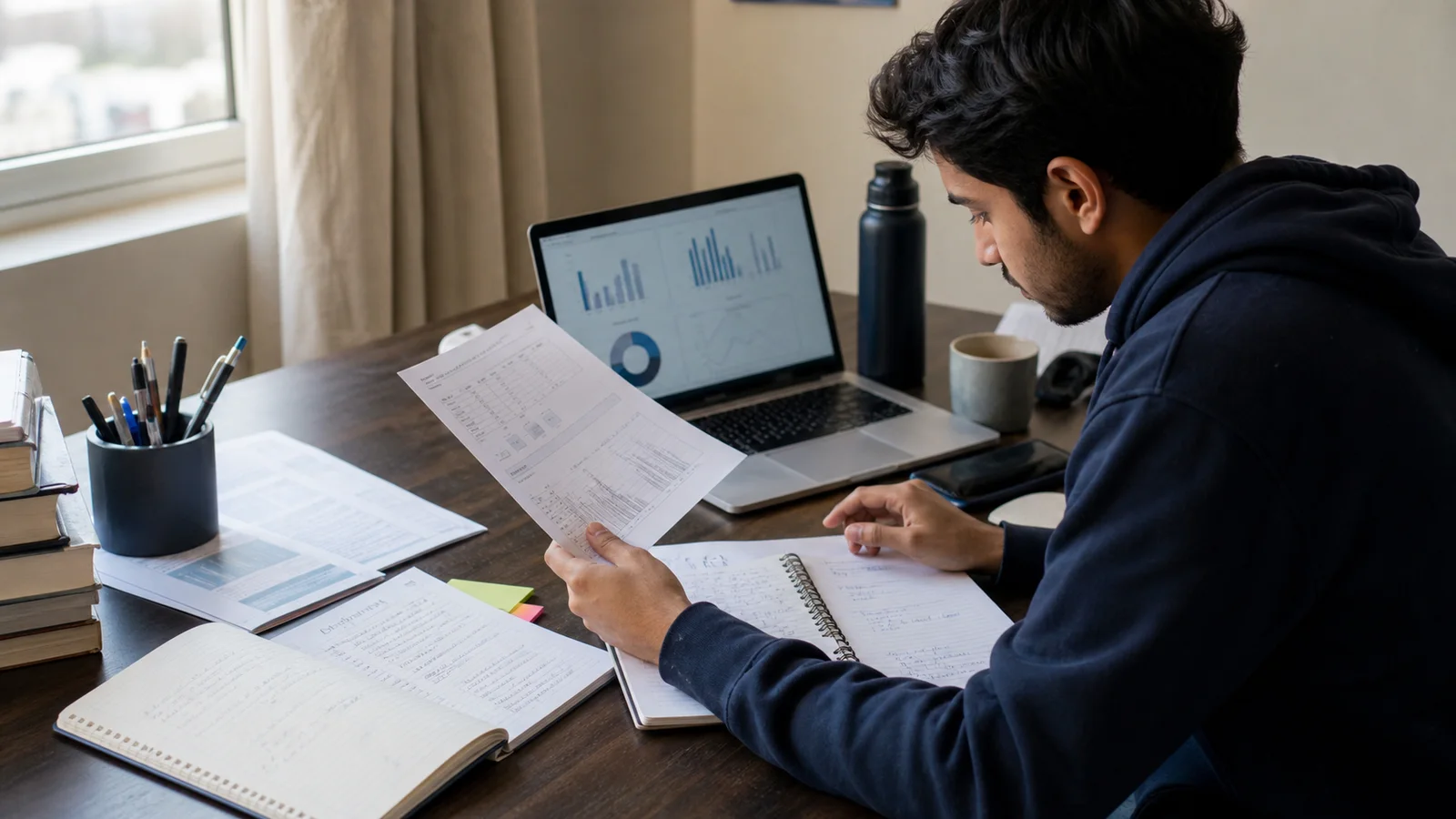 Realistic editorial photograph of an international postgraduate student comparing research results with discussion notes and charts