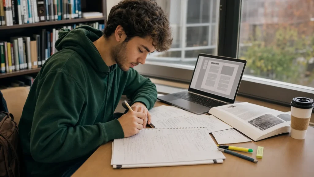 Realistic editorial photograph of an international university student planning and drafting an academic essay at a library desk