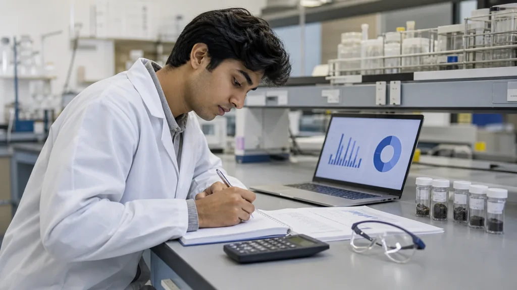 Realistic editorial photograph of a science student writing a laboratory report from observations and results