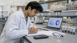 Realistic editorial photograph of a science student writing a laboratory report from observations and results
