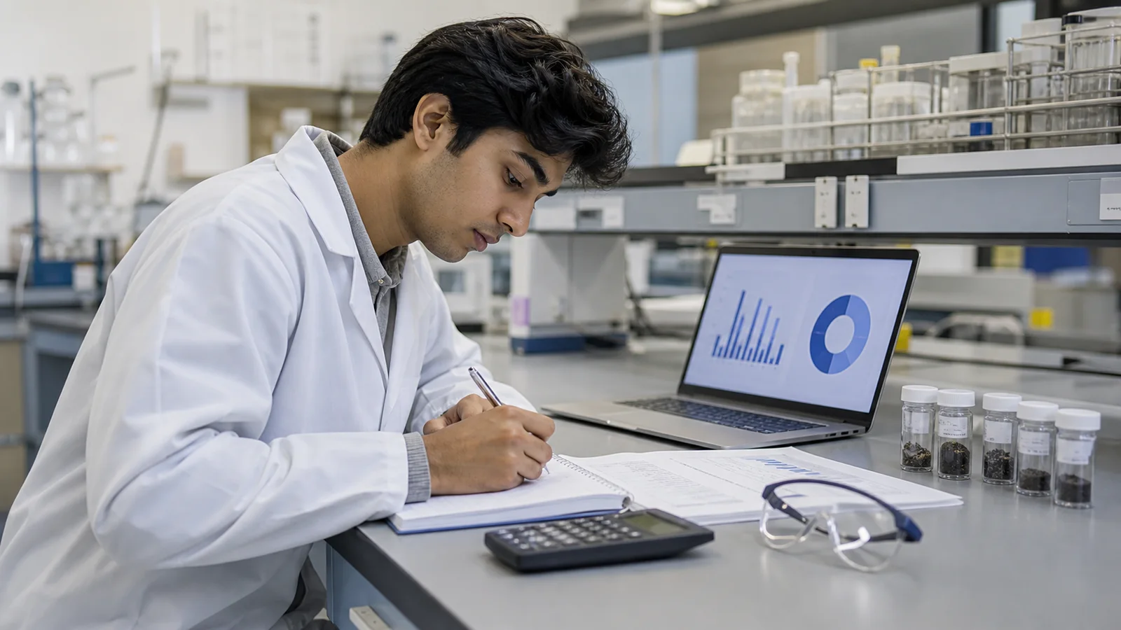 Realistic editorial photograph of a science student writing a laboratory report from observations and results