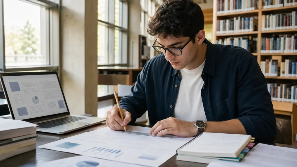Realistic editorial photograph of an international university student organising a structured academic report at a library desk