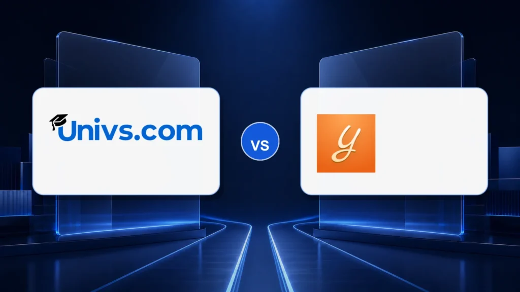 Univs.com logo versus the Yocket logo on a dark blue comparison background