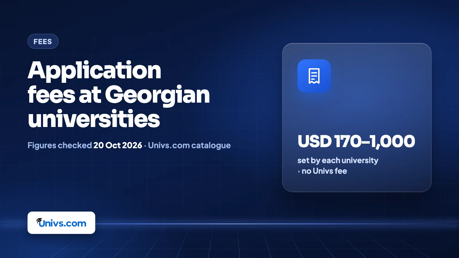 Application fees at Georgian universities: USD 170–1,000, set by each university, no Univs fee