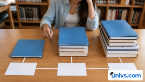 Student comparing three progressively larger groups of plain academic study materials.