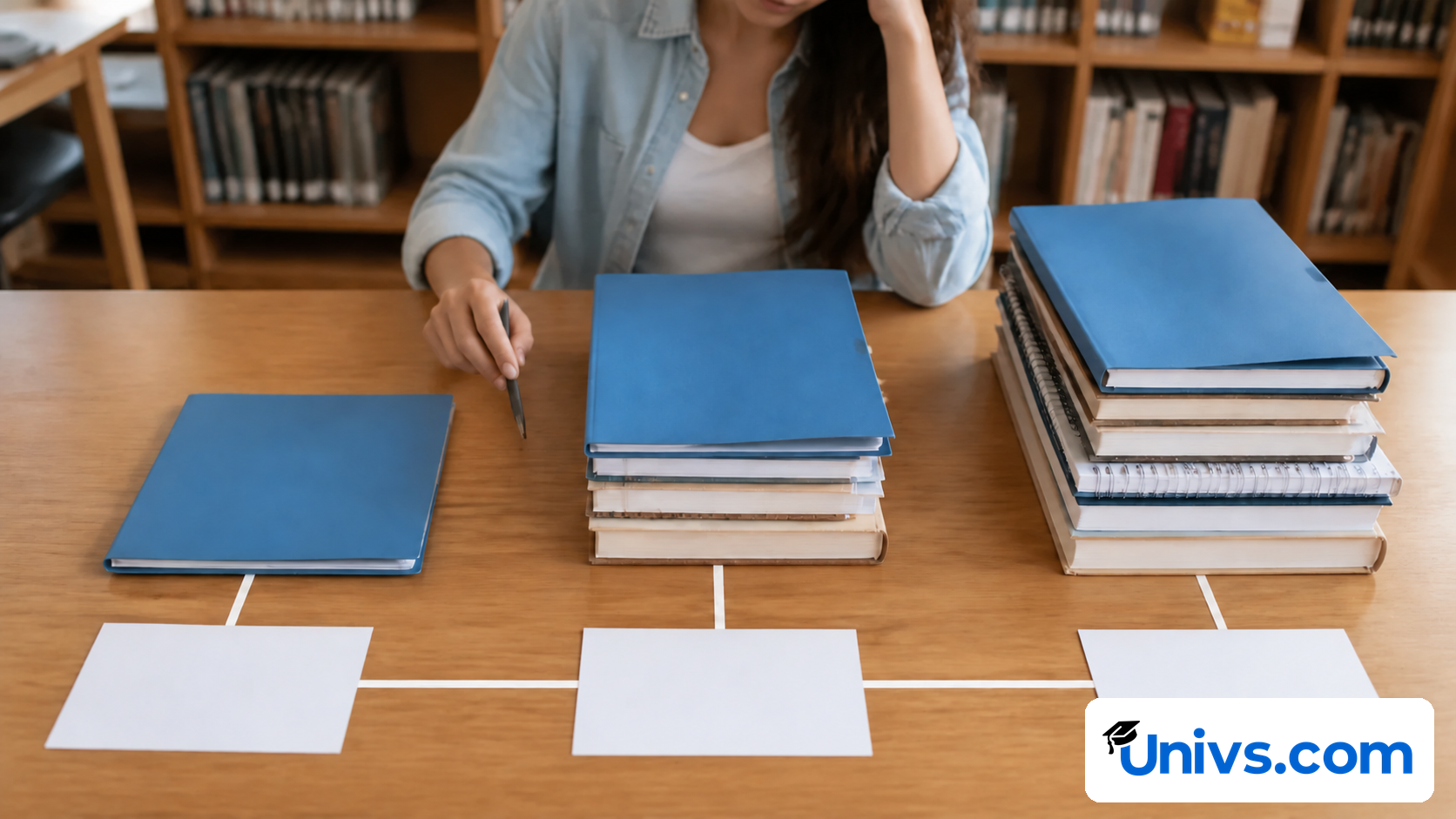 Student comparing three progressively larger groups of plain academic study materials.