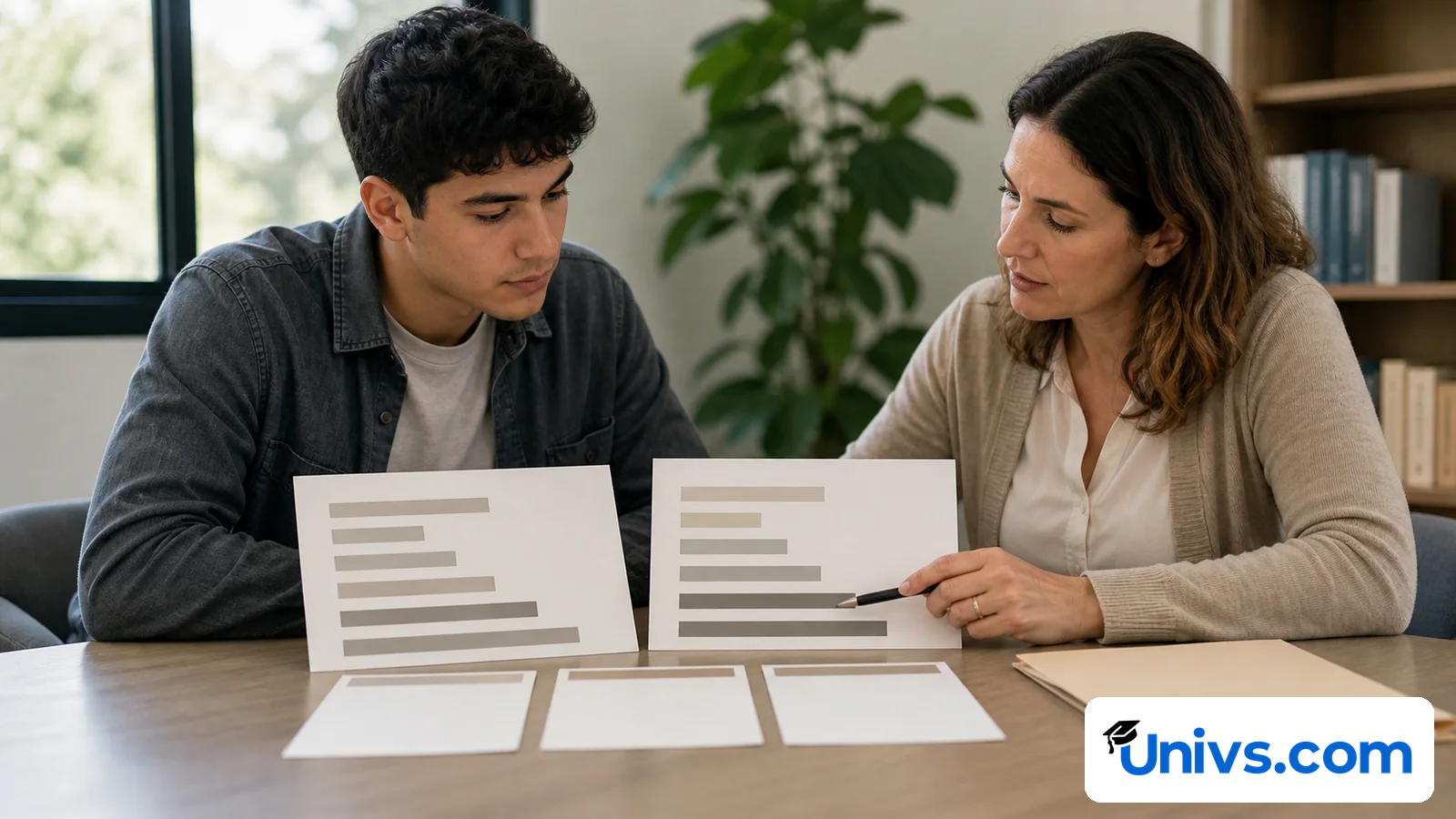 Student and academic adviser comparing two unlabelled grading-scale boards and course cards.