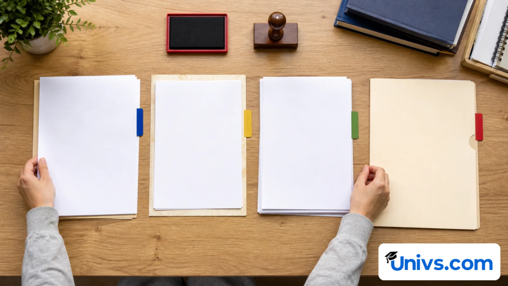 Four blank academic document sets arranged as a preparation and translation workflow.