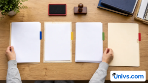 Four blank academic document sets arranged as a preparation and translation workflow.
