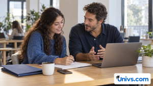 A recent graduate preparing a career plan with a mentor in a quiet co-working space, plain portfolio folder and neutral laptop screen