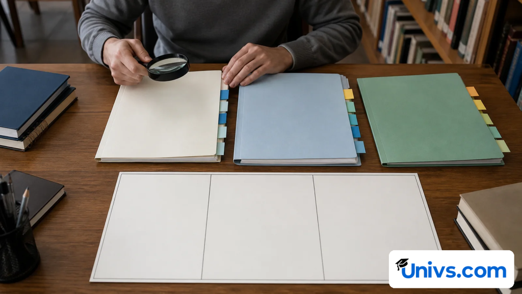 Researcher cross-checking three separate academic folders with coloured tabs and a magnifying glass.