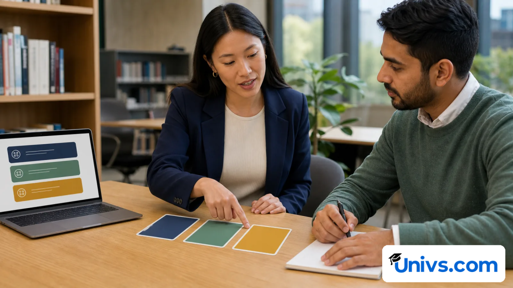 International student and adviser comparing three higher-education pathway cards at a library table.