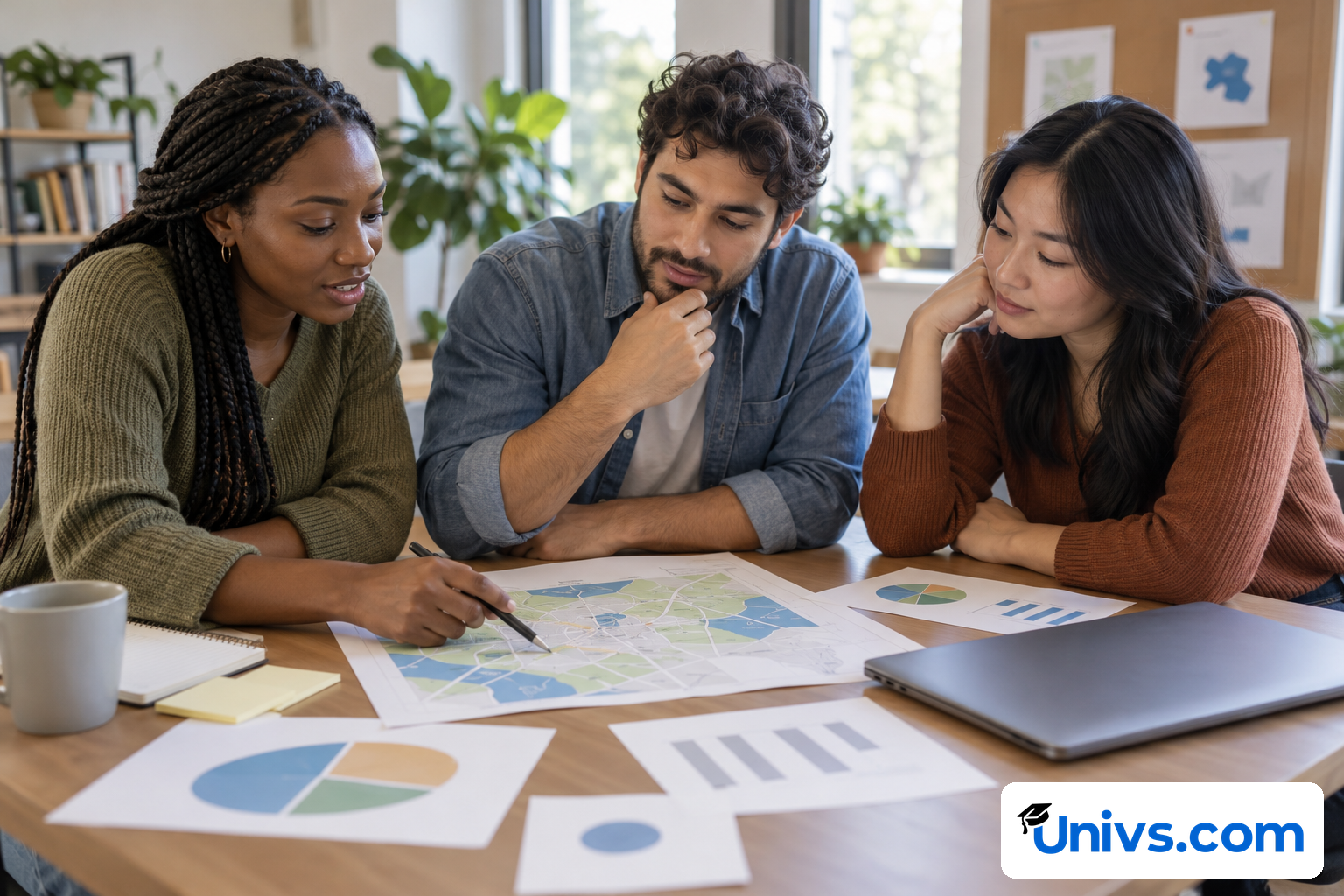 Three adult public-health students reviewing a population-health research project at a classroom table, with an abstract unlabelled community map, simple blank chart cards and a closed laptop.