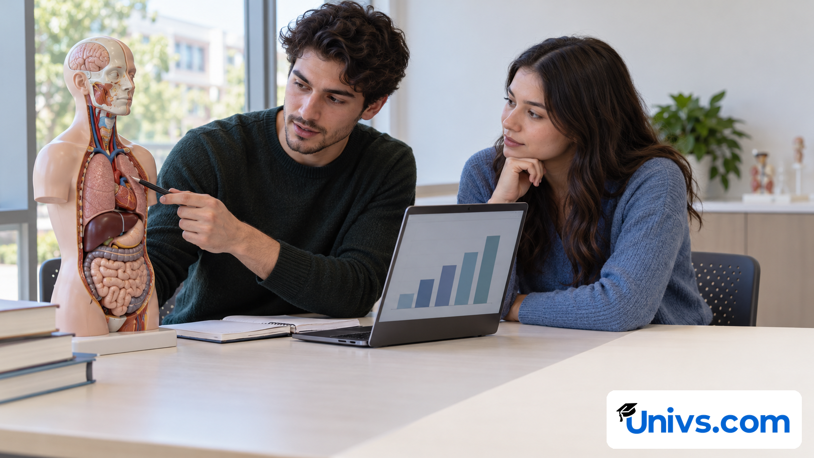 Two students compare a small anatomical teaching model with a simple health-data chart.