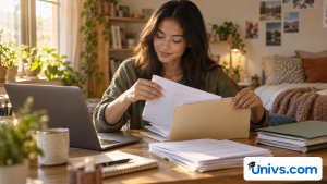 A student carefully organising university admission documents into plain folders beside a laptop with an unreadable screen