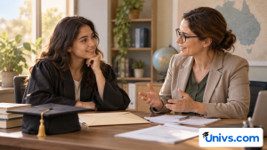 A graduate discussing a degree-recognition question with an adviser, plain diploma envelope and unreadable documents on a desk