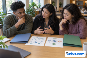 Two prospective students and an adviser comparing public-health course folders and population-health diagrams.
