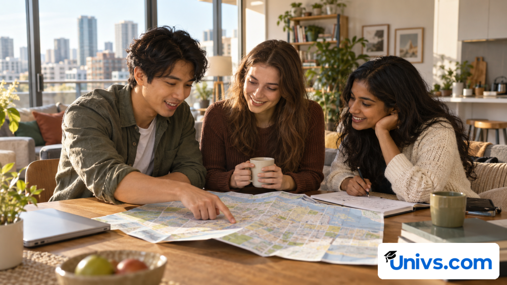 Students comparing city living options using a blank folded map and housing notes in a bright urban apartment, no named skyline or landmark