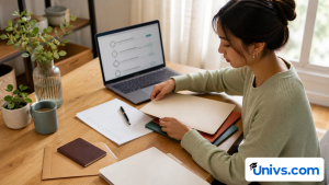 International student organising application folders and an online university application checklist.
