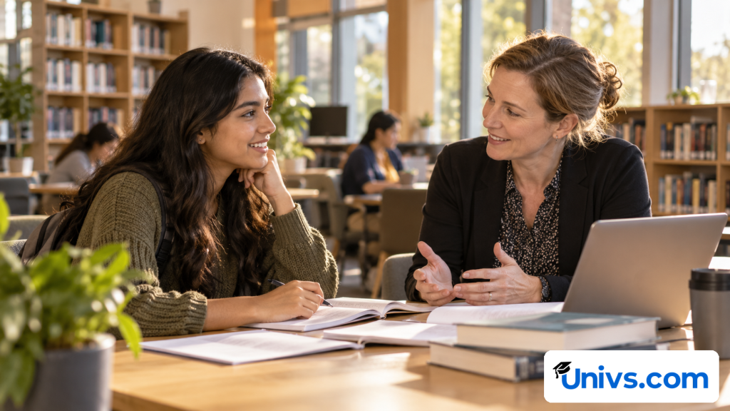 A student discussing course options with an academic adviser in a bright library meeting area