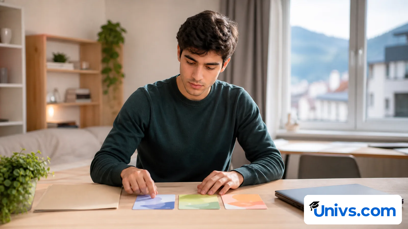 Student comparing three text-free subject cards beside a closed laptop.