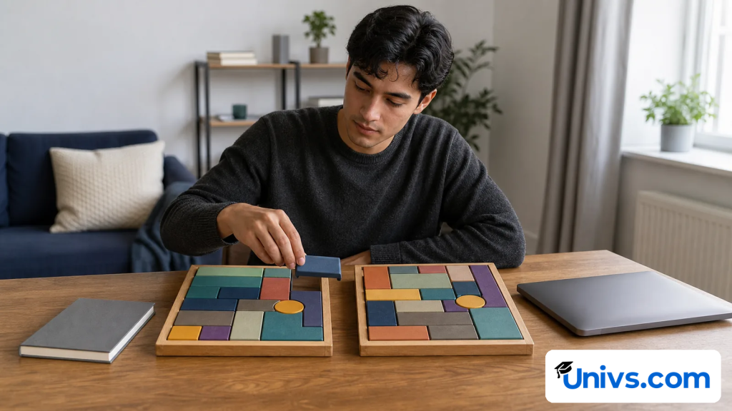 Graduate-age student matching text-free curriculum blocks between two wooden boards.