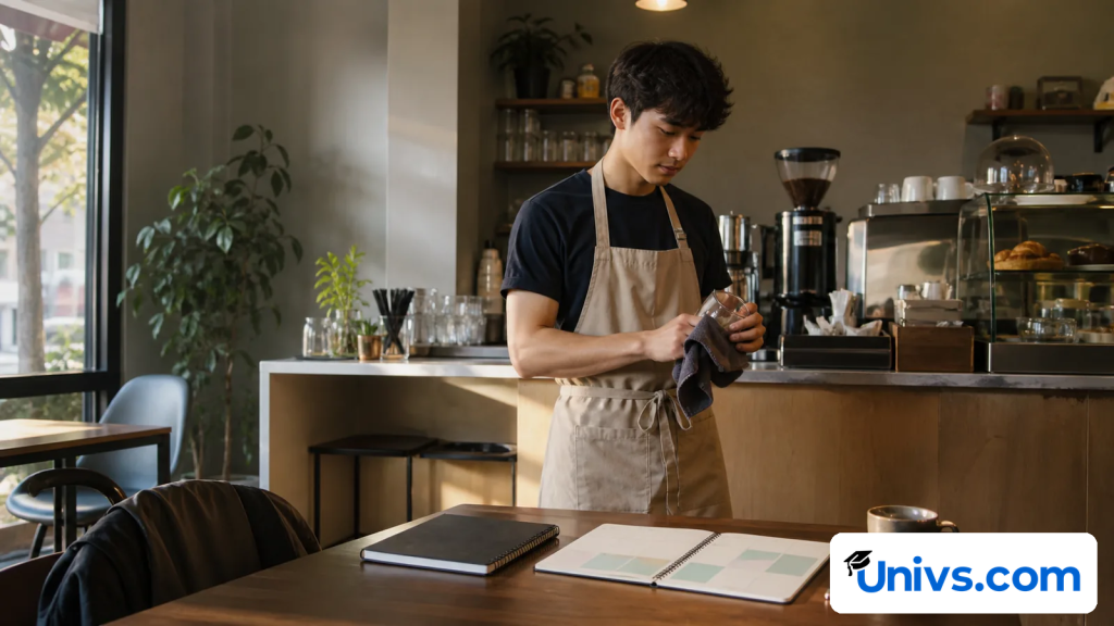 Cafe worker in an apron reviews a blank timetable and study materials.